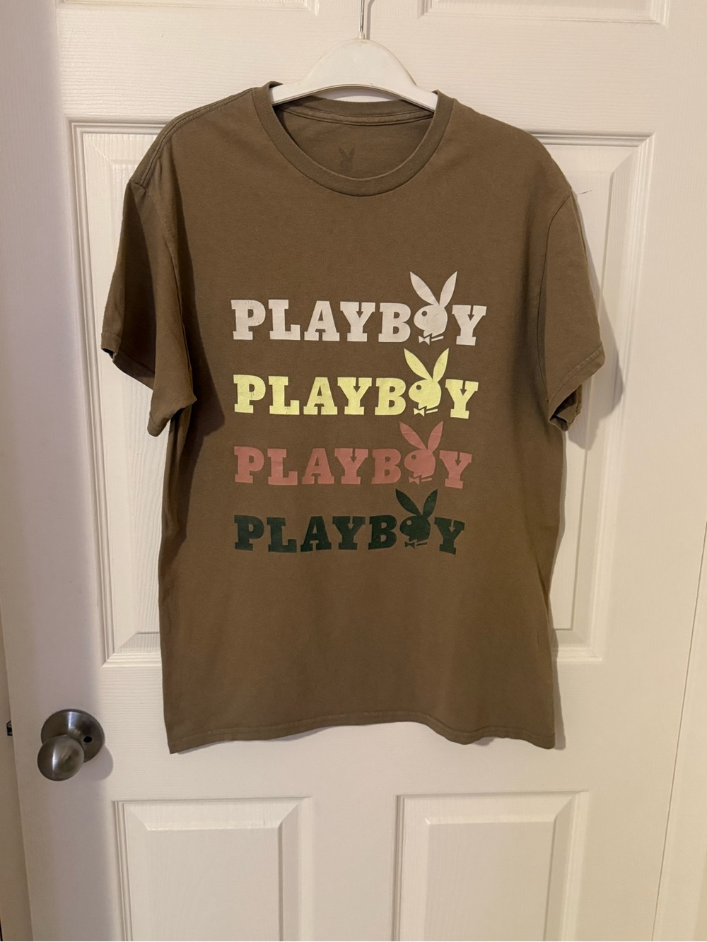 PLAYBOY Brown Tee with Multicolor Logo Rows